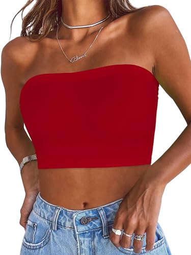 Gosunny Damen Tube Top Sommer Trägerloser Bandeau Rückenfrei Slim Fit Ärmellos Crop Weste(Solid Rot,S)