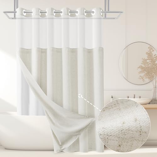 Jowels No Hooks Ivory Linen Fabric Shower Curtains for Bathroom 84 Inches