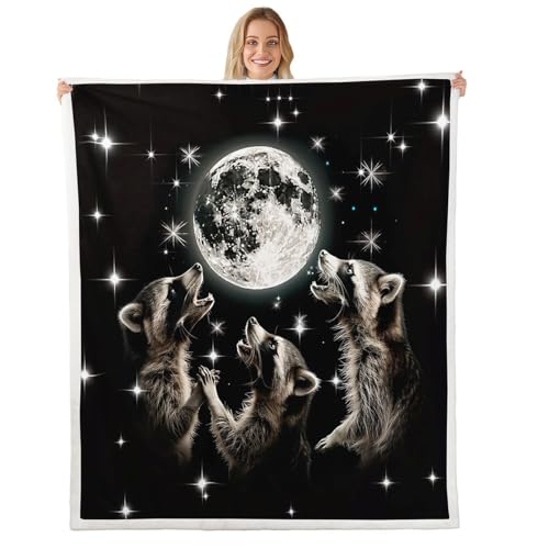 richhome Couverture 100x130cm Raccoon Plaid Couverture Polaire Star Imprimer Jeté de Canapé Mignon Faune Sauvage Plaid Jete de Canape Night Sky Imprimer Doux...