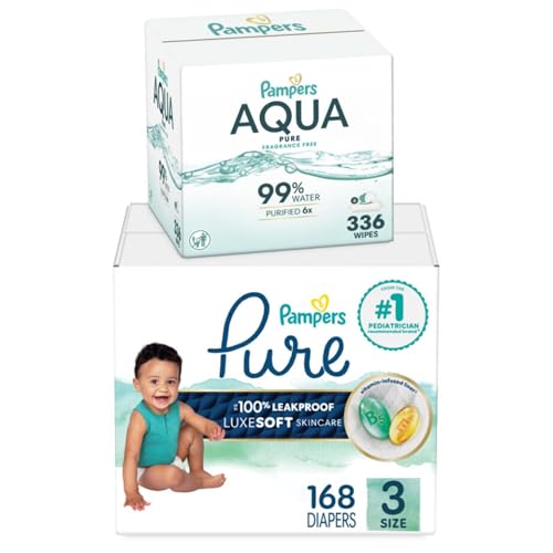 Image of Pampers Pure Protection Disposable Baby Diapers Size 3, One Month Supply (168 Count) with Aqua Pure Baby Wipes, 6X Pop-Top Packs (336 Count)
