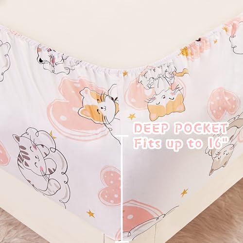Yibeizi Cat Twin Sheets Set For Girls, Kids Cute Pink Heart Bedsheets Microfiber Deep Pocket Bed Sheet & Pillowcase Sets 3 Pieces thumb #2