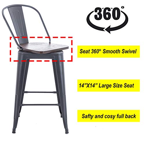 Butacos giratorios de metal Changjie Furniture para cocina y bar, espalda alta, set de 4, color negro mate con asiento de madera, altura 26 pulgadas miniatura 6