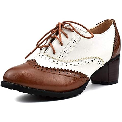 KISSASA Womens Wingtip Block High Heeled Brogues Vintage Lace Up Oxford Shoes Size 7.5UK,Brown Cover