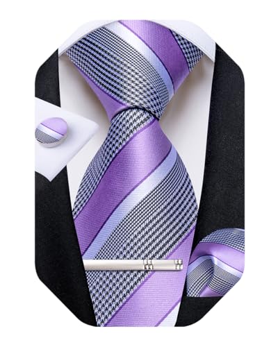 Image of DiBanGu Mens Striped Tie Silk Woven Necktie and Pocket Square Cufflinks Tie Clip Set Wedding Business Formal Gift Tie for Men
