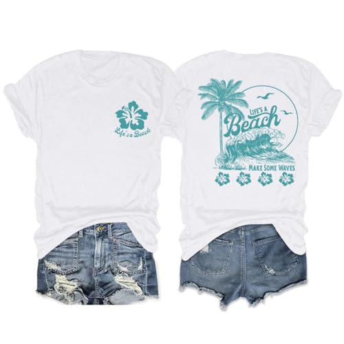 KEEVICI Hawaiian Beach T Shirts for Women Hibiscus Flower Palm Tree Shirt Tropical Graphic Tees Summer Beachy Vacation Tops