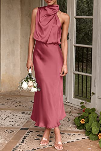 Image of PRETTYGARDEN Women's 2026 Summer Satin Dress Elegant Sleeveless Mock Neck Cocktail Party Maxi Dresses