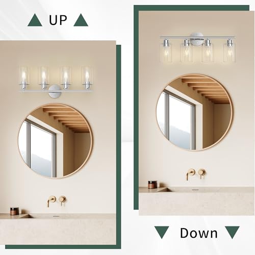 Image of Bathroom Vanity Light Fixtures Polished Chrome,4 Lights Rustic Farmhouse Vanity Bar Lighting Over Mirror Modern Industrial Wall Sconces Lamp with Cylinder Glass Shade