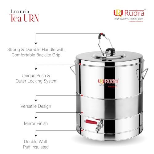 Image of Rudra Stainless Steel Luxuria Tea Container /Urn Eco-Friendly Tea /Coffee| Kettle with Tap, Hot & Cold | Chai Pot Dispenser Jar | for Canteen Kitchen | Silver (5, Cylindrical, 1, RU3005)