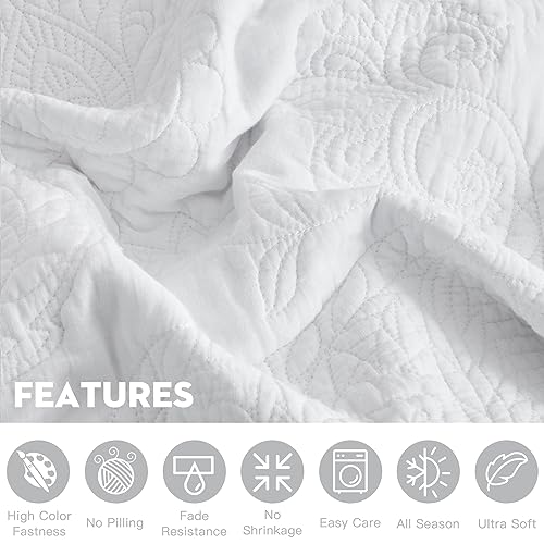 Image of Oversized Queen Bedspread, Stitched Paisley Cotton Quilt Set Queen, Lightweight Reversible Coverlet, Scalloped Edge - Clean Classic Look, 5 Piece, Pure White