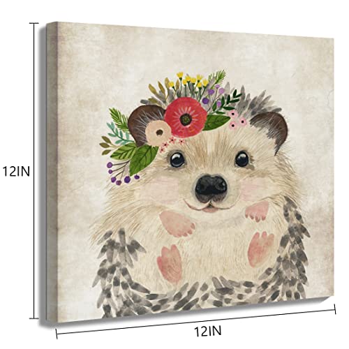 Oridomy Cute Hedgehog Print Wall Art Retro Animal Portrait Poster Funny Raccoon With Garland Picture Painting Safari Animal Art Print For Nursery Room Decor Vintage Kids Bedroom Home Decoration 12X12 #TOP6