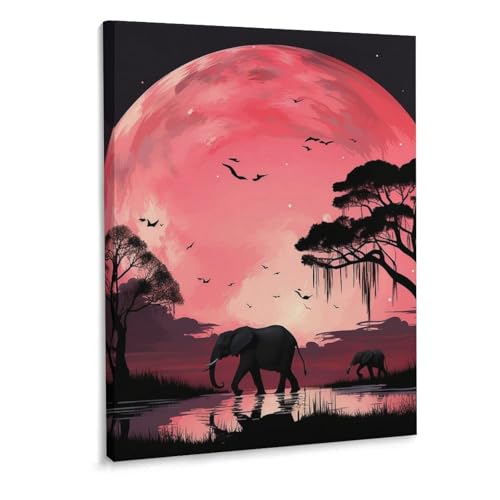 Toile éléphant et lune encadrée, impression d'art moderne haute finition