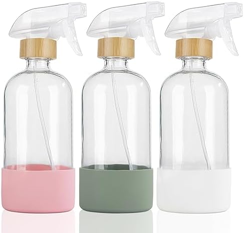 HOMBYS Empty Bamboo Glass Spray Bottles with Silicone Sleeve Protection - Refillable 17 oz Clear Glass Containers for Cleaning Solutions, Essential Oils, Misting Plants - Quality Sprayer - 3 Pack