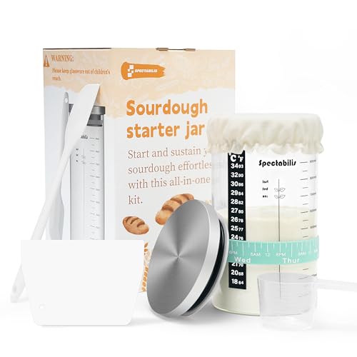 Spectabilis Sourdough Starter Kit – 35 oz Large Capacity Wide Mouth Sourdough Jar with Stainless Steel Lid, Date Marked Feeding Band, Thermometer, Silicone Spatula, Cloth Cover, Bread Baking Supplies