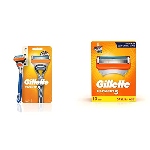 Image of Gillette Fusion Manual Razor, 1 Pc & Shaving Blades- Pack of 10 (Cartridges), For Men