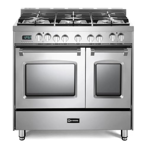 Verona VPFSGE365DSS 36' Prestige Series Freestanding Dual Fuel Range with Double Oven 5 Sealed Burners Oven Racks, Continous Cast-Iron Grates in Stainless Steel