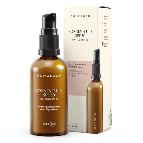JUNGLÜCK Sonnenfluid Gesicht SPF 50 - Vegan | Leichte Gesichtslotion mit organischen UVFiltern ohne Weißeleffekt | Breitspektrum mit LSF 50 schützt vor UV-B- & UV-A-Strahlen