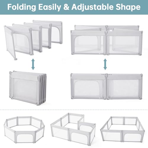 Image of Doradotey 8-Panel Foldable Baby Playpen for Toddlers 1-3, Adjustable Shape Large 59x71 Indoor Playard, No Tools Assembly, 360 Breathable Mesh, Separate Washable Panels Safety Fence, Grey