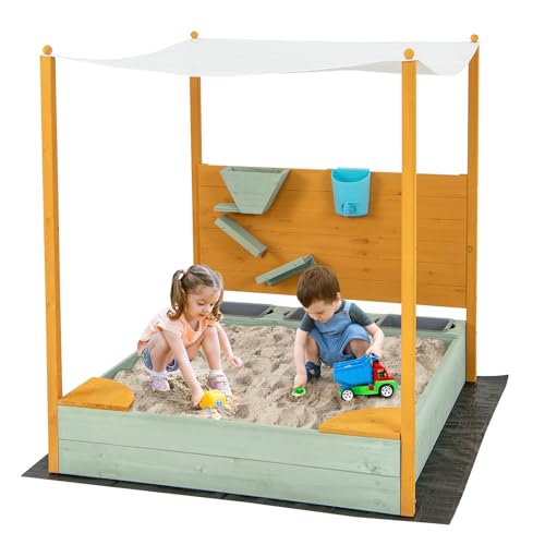 Costzon Kids Sandbox with Sand Wall, Wooden Sandpit w/Removable Canopy, Water Bucket, Storage Bins, 2 Corner Seats & Bottom Liner, Outdoor Sand Box for Kids Aged 3-8 (Backyard, Garden & Beach)