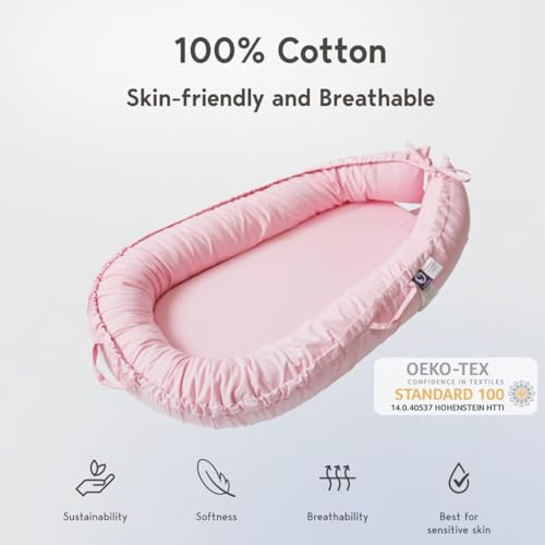 Image of Infant Lounger, Baby Nest Cover for Baby Girls & Boys, Newborn Essentials for Baby 0-12 Months, 100% Cotton Breathable (Misty Rose)