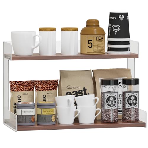 Mug Holder Countertop Coffee Station Organizer, 2 Tier Acrylic Shelf for Coffee Bar Accessories, Multi-Functional Counter Standing Shelf Tea Bags Sugar Condiment Storage Caddy for Kitchen Home Office