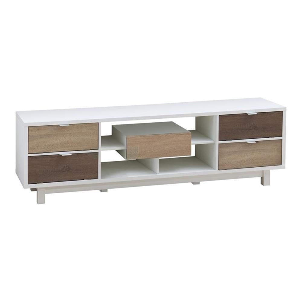 HOMES: Inside + Out Eloisa Modern Wood Frame TV Stand with Center Drawer On Double Metal Glides, 4-Shelf Media Console with 4 Storage, 70