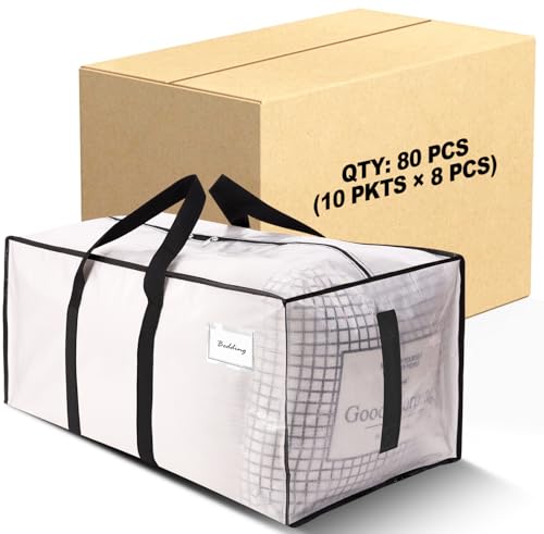 80 Pack Large Strong Moving Bags with Zippers & Carrying Handles - Water-Resistant - Heavy Duty Storage Tote for Space Saving, Fold Flat, Alternative to Moving Box (Semi-Transparent)