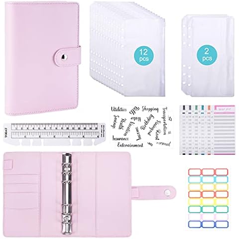 A6 Budget Binder Money Wallets Organiser Set - 30pcs Leather Notebook Ring Binder with Cash Envelopes, Ruler, Budget Sheets and Label Stickers, Travel Cash Organizer Money Wallets for Cash (Pink) Cover