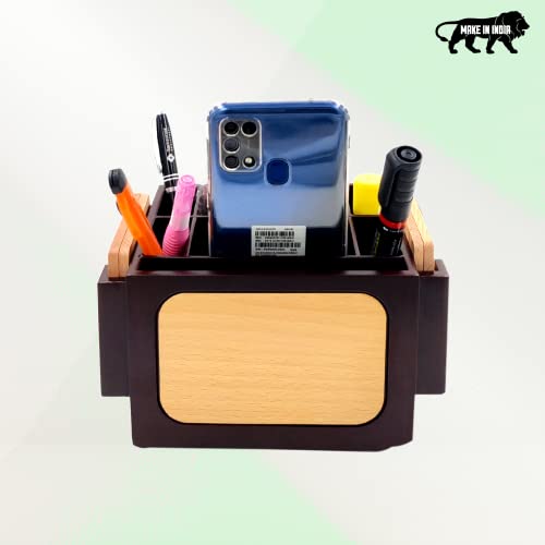 Image of WOOD HOUSE Pen Stand for Office Table with Clock, Wooden Pen Holder for Office Table Stylish, Wooden Desk Organizer for Office Table, Pen Stand with Drawer, Pen Stand with Compartment, Office Gifts
