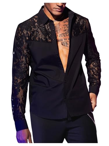 WDIRARA Men's Floral Lace Button Down Shirt See Through Long Sleeve Collared Top Sexy Clubwear