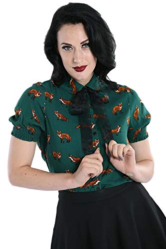 Blusas Vintage Mujer con Estampado de Zorros – Blusa Verde Estilo Retro con Lazo y Detalles Únicos