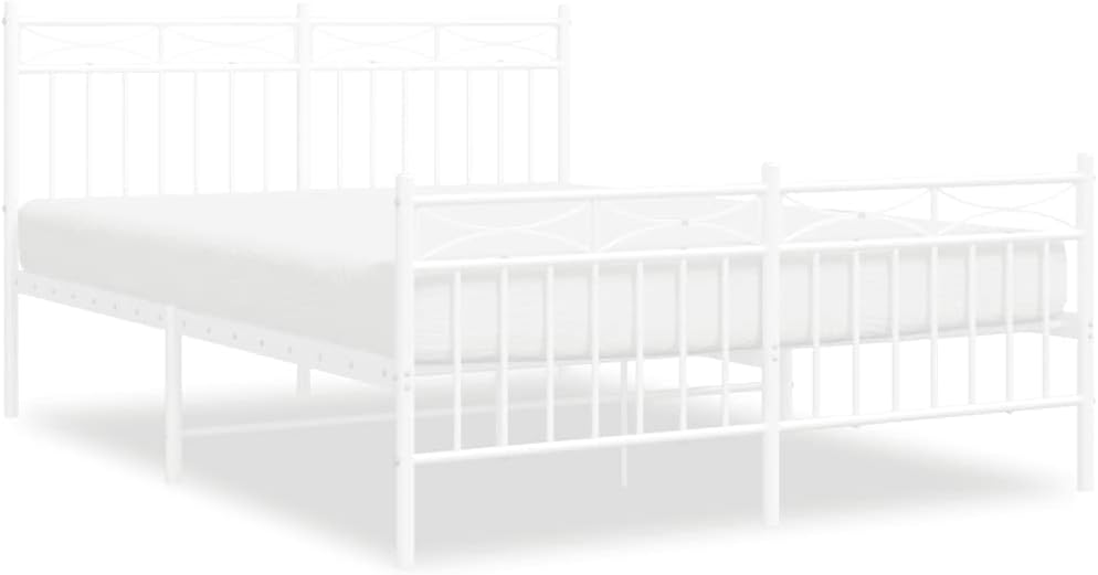 White Powder-Coated Steel Bed Frame Full Size with Headboard and Footboard, Durable Heavy-Duty Platform Foundation, Sturdy Slatted Design for Bedroom Mattress Support and Storage