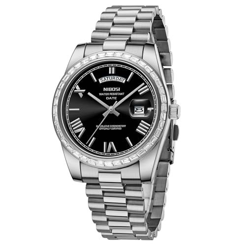 Image of NIBOSI Watches for Men Analog Quartz Diamond Bezel Stainless Steel Dial Rose Gold Silver Mens Watch Waterproof Business Classic Dress Wrist Watch with Day Date