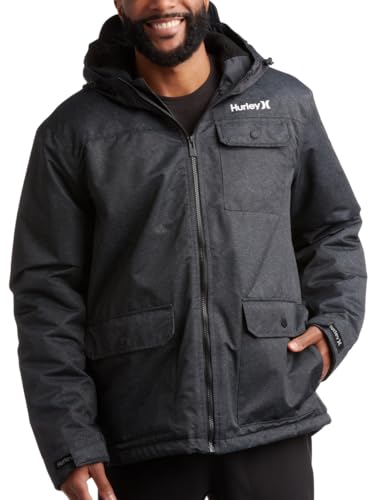Hurley Men's Winter Jacket - Warm Sherpa Lined Outdoor Jacket with Multiple Pockets - Men's Zip Up Hooded Ski Jackets (S-XL), Size Medium, Black Marled