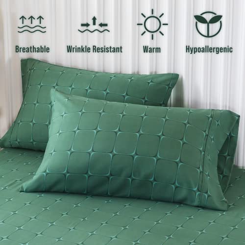 Keowin Queen Bed Sheet Set 4Pc 100% Microfiber Up To Around 15" Deep Pocket, Super Soft Warm Breathable Brushed Double Bedding, Machine Washable & Easy Care, Wrinkle Free - 3D Grid (Green) #TOP2