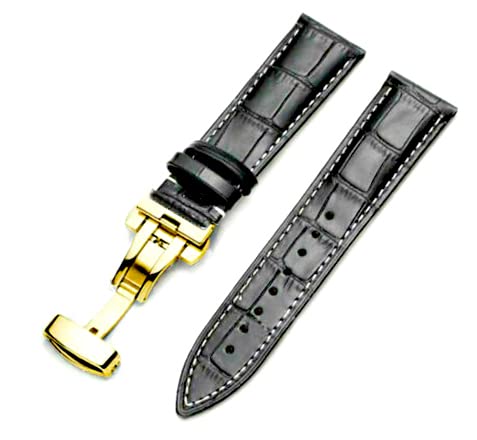 Image of 18mm 19mm 20mm 21mm 22mm 23mm 24mm Genuine Leather Butterfly Deployment Clasp Buckle Watch Band Strap Black Dark Brown TAN Blue Rose Black Gold White