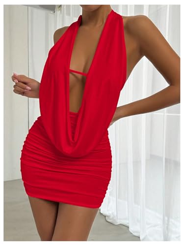 Image of SOLY HUX Women's Sexy Deep V Neck Halter Bodycon Mini Dress Sleeveless Party Club Dresses