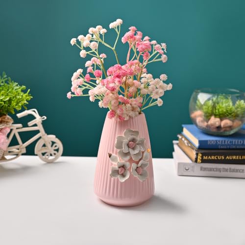 Image of MARKET 99 Ceramic Flower Vase (Pink) | Engraved Ribbed Floral Pattern | Decorative Floral Vase for Fresh & Artificial Flowers | Elegant Home, Living Room & Office Table Decor