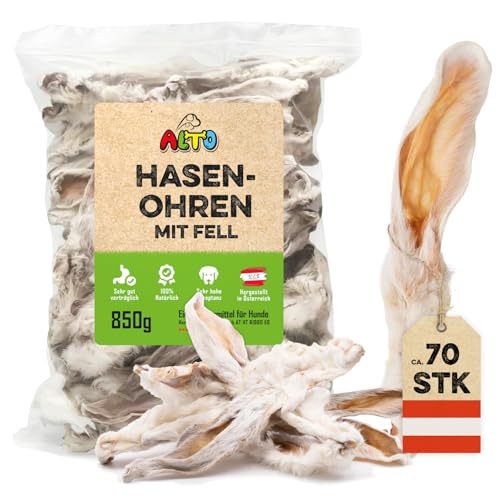 ALTO - Premium Hasenohren mit Fell für Hunde - 850g Ganze Kaninchenohren mit Fell für Hunde - Qualität aus Österreich - 100% Natürliches Hundeleckerli, Welpen Leckerlies