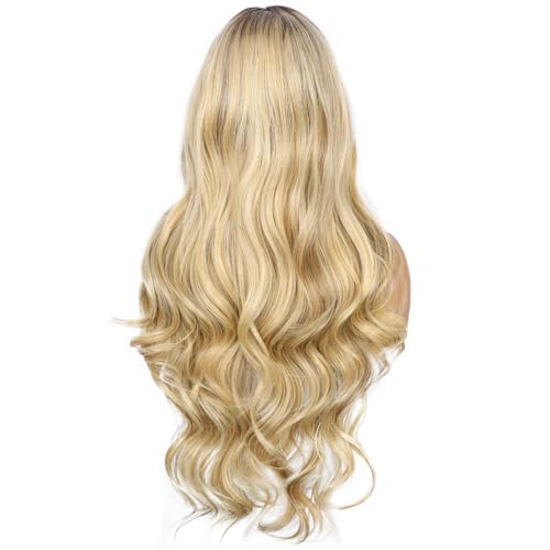Sapphirewigs Highlight Blonde Lace Front Wig Synthetic Body Wave 13x4 Ombre Blonde Balayage Synthetic Lace Front Wigs for Women Party Date Daily Wear Christmas Natural Looking 26 inch - Image 3