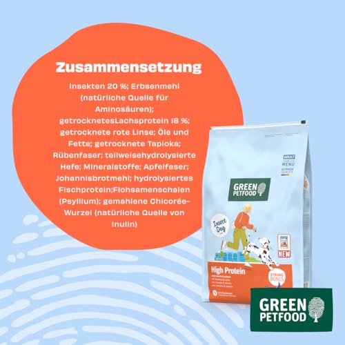 Green Petfood InsectDog High Protein mit Insekten & Lachs (1 x 3 kg) | Adult | Premium Trockenfutter für ausgewachsene aktive Hunde | mit roten Linsen | kleine Krokette | getreidefrei | 1er Pack