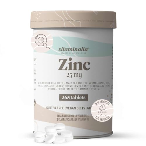 Gluconato de Zinc (25mg de Zinc) de Vitaminalia | 365 Tabletas para 1 Año de Suplementación = 1 Comprimido al Día | Alta Biodisponibilidad | No-GMO, Vegano, Sin Gluten