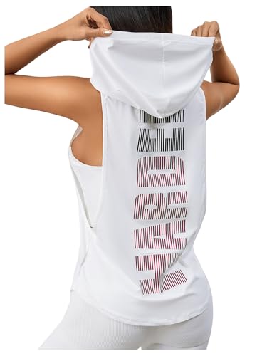 SweatyRocks Women's Low Cut Workout Hooded Tank Top Letter Graphi...