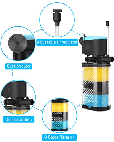 Image of AquaMiracle Aquarium Filter 3-Stage in-Tank Filter Internal Fish Tank Filter Turtle Filter for 10-40 Gallon Fish Tanks with Dual Water Outlet & Aeration
