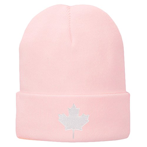 Canada Maple Leaf Embroidered Winter Cuff Long Beanie - White Flag - Pink