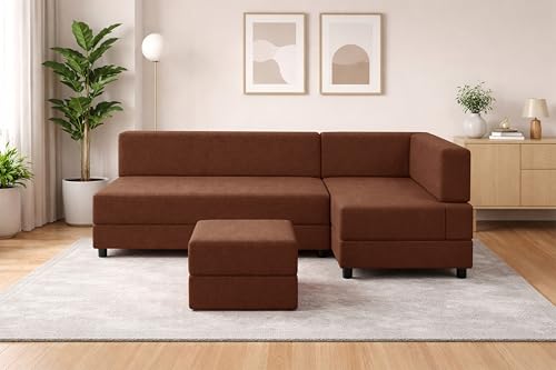 Image of Leg Sofa Cum Bed with Ottoman | Jute Fabric | Multipurpose Folding 3 Seater Sofa Bed 5x6 Ft for Living Room | Space Saving Furniture | Modern Design - Brown