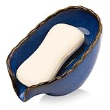 VanEnjoy Dish Washing Soap Holder Blue Ceramic Dish for Soap, Self Draining Soap Holder, Bar Soap Holder Leaf Shape for Bathroom, Kitchen