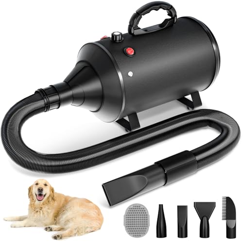 High Velocity Blow Dryer for Dogs, 5.2HP/ 3800W Dog Hair Dryer Speed Temperature Adjustable，Dog Blow Dryer with Thickened Handle,Low Noise Dog Blower Grooming Dryer，4 Nozzles,1 Massage Brush,Black