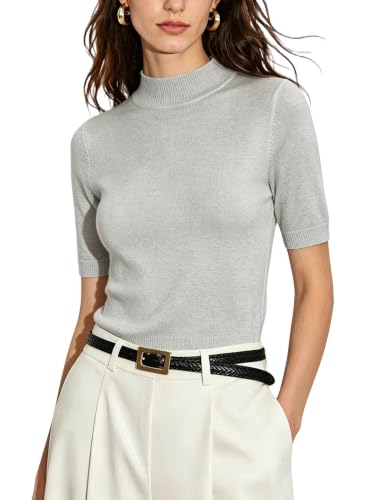 Image of Women Mock Neck Short Sleeve Knit Top All-Season Light Sweater