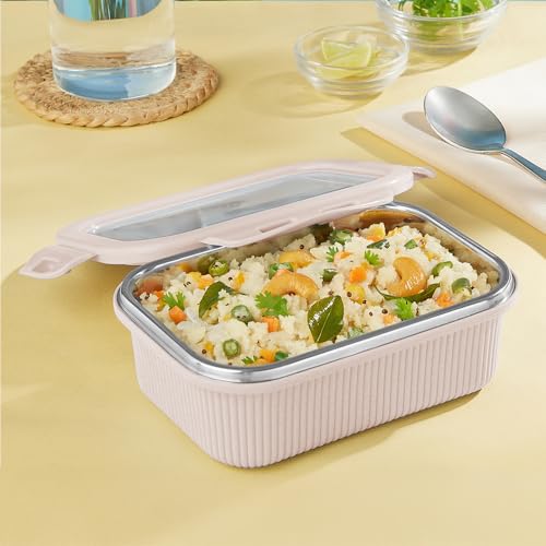 Image of Larah by BOROSIL Freshbyte Food Storage Container with Airtight Stainless Steel Lid | Fridge Container for Lunchbox | Food Grade | Microwave Safe (Beige, 400 ml, Rectangular)