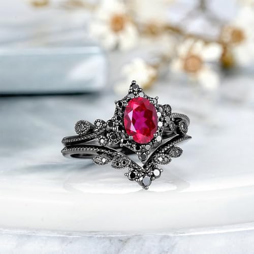 10K 14K 18K Gold Created Ruby Rings Set for Women Red Ruby Art Deco Promise Engagement Wedding Anniversary Ring Set Gemstone Unique Bridal Band Size 4-122